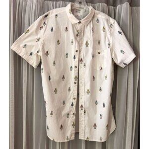 Mens Short-Sleeve Button-Down Shirt With Retro Robot Print White Slim Fit Refres